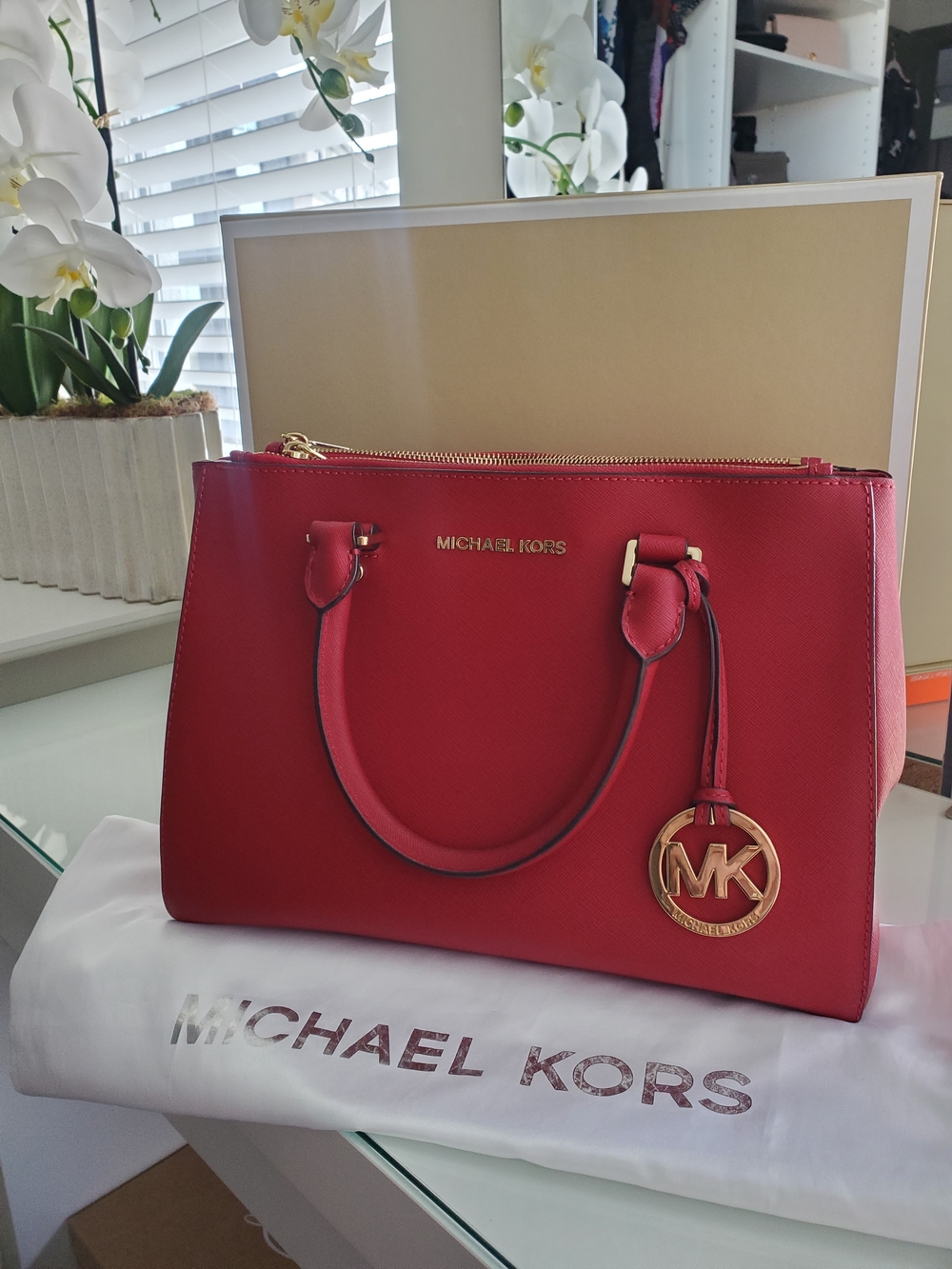 Michael Kors Red Saffiano Leather Tote Bag - Picture 13 of 14